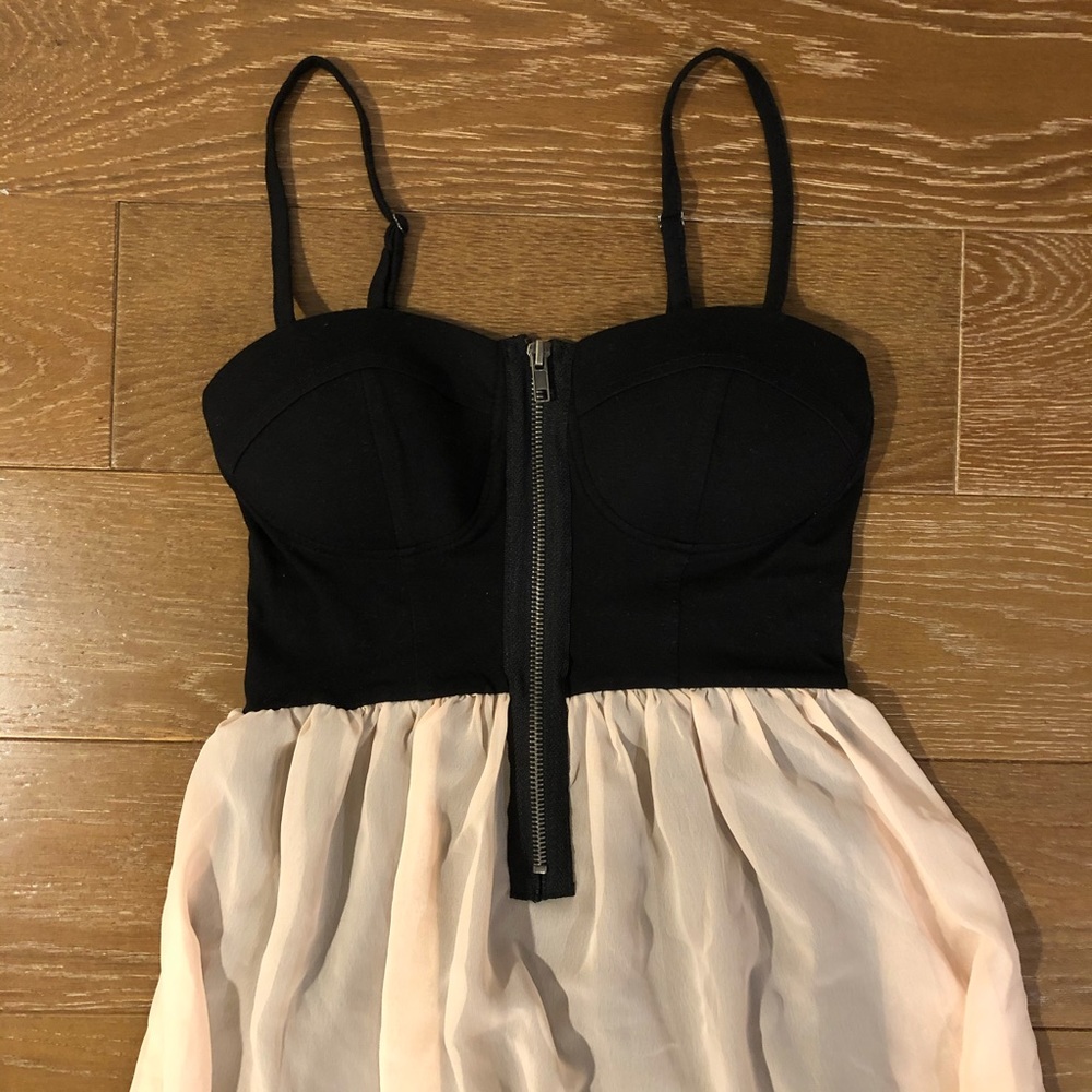 Peach & Black Bustier High Low Mini Dress with Sheer Overlay - Picture 3 of 8